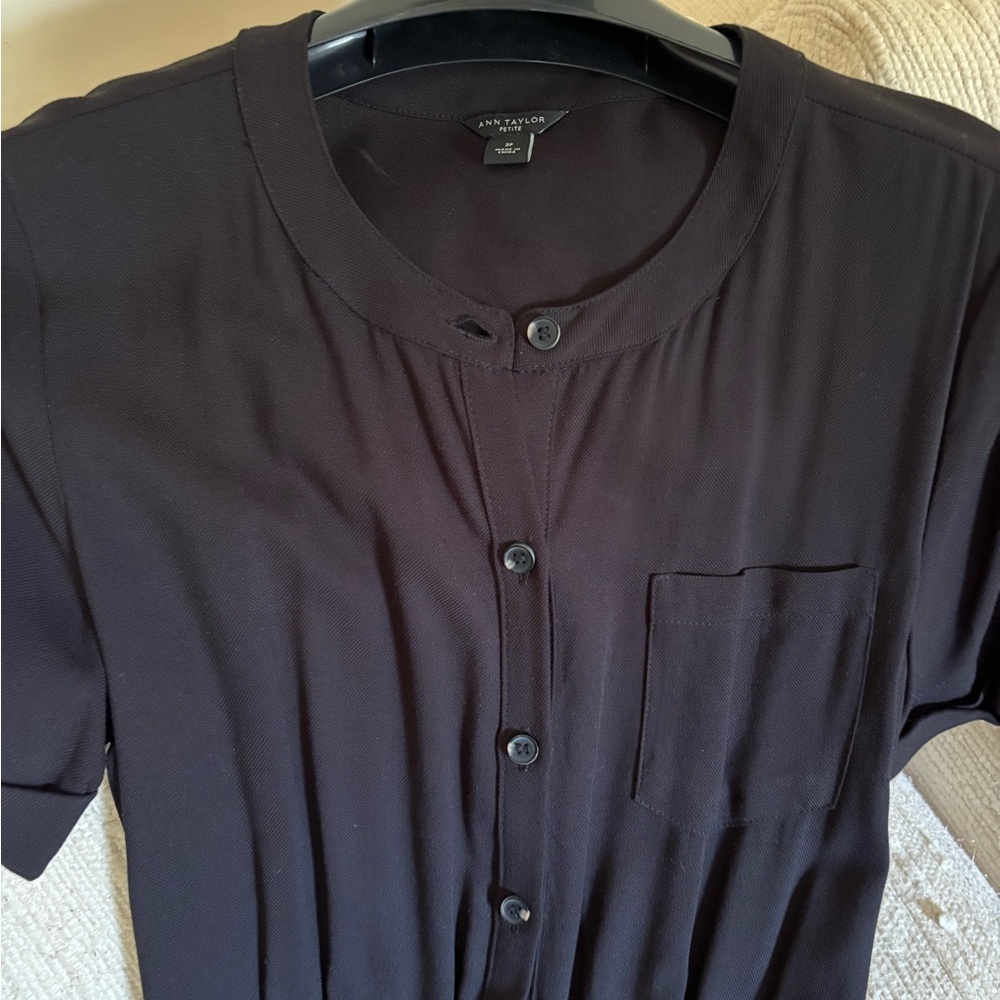 Ann Taylor Black Short-Sleeve Button-Up Pocket Jumpsuit